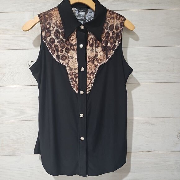 WESTERN ETHICS RODEO SLEEVELESS TOP SHIRT WOMEN'S MEDIUM LACE BLING BUTTON - Picture 1 of 7
